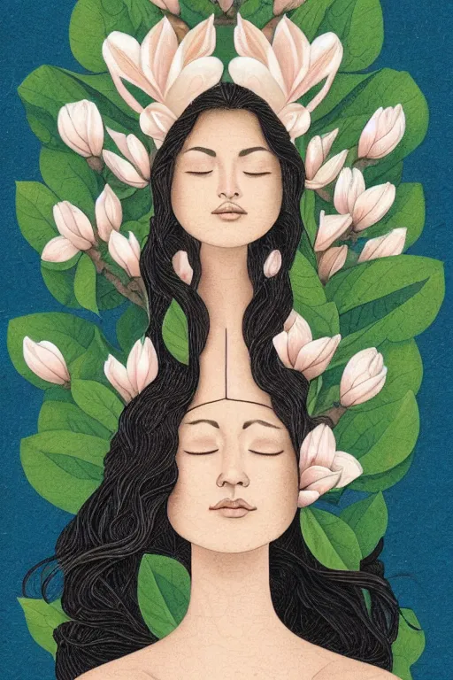 Prompt: a goddess of magnolia a queen of the garden, meditating! with a beautiful symmetrical face!!! cinematic lightning, isolated, studio lighting by audrey kawasaki