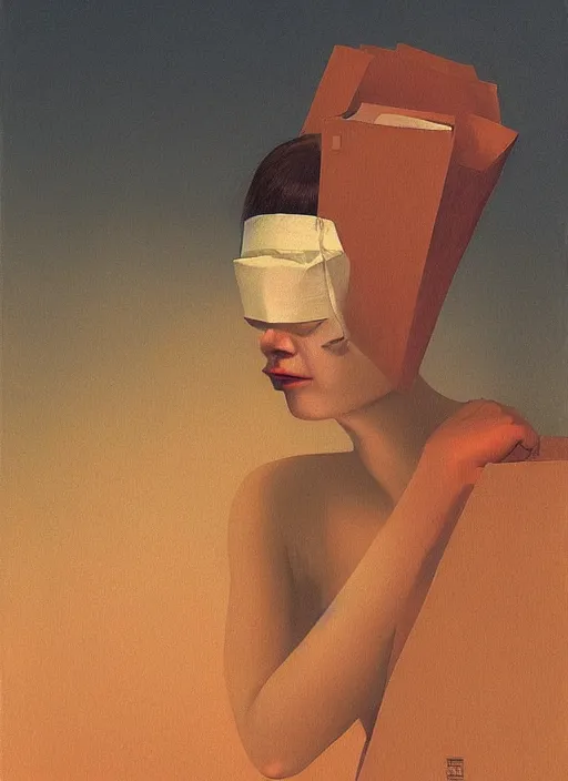 Image similar to woman in paper bag over the head flooded oxygen tank Edward Hopper and James Gilleard, Zdzislaw Beksinski, highly detailed