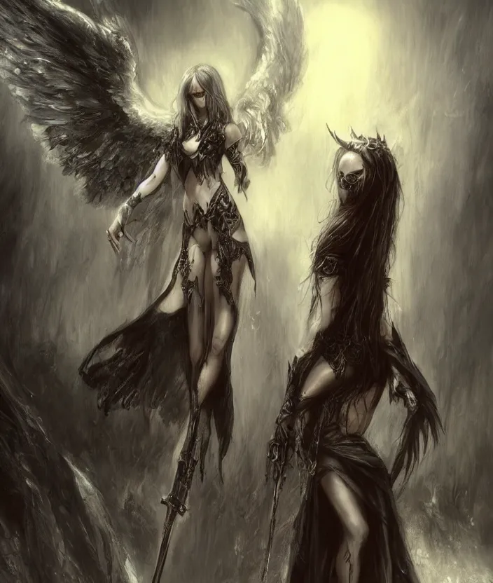 Image similar to Concept art, angel knight gothic girl, artstation trending colaboration with Joseph Mallord William Turner and Luis Royo, highly detailded