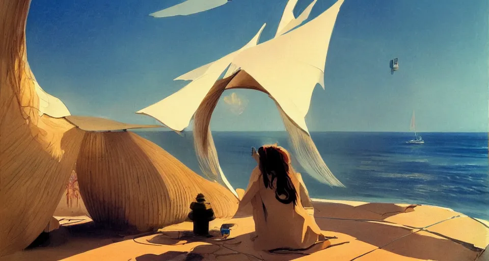 Image similar to a hermit girl outside her seashell home, atmospheric cinematography by syd mead