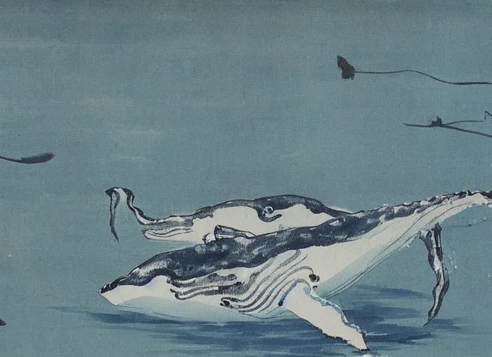 Prompt: a painting of a pair of whales by Qi Baishi