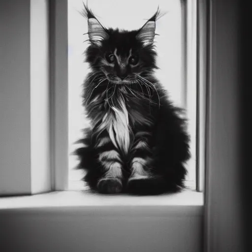 Image similar to view from the back of a backlit maine coon kitten gazing out a sunny window on a warm day. outside there are pretty flowers. 3 5 mm, f / 1 1. 0, is 1 0 0