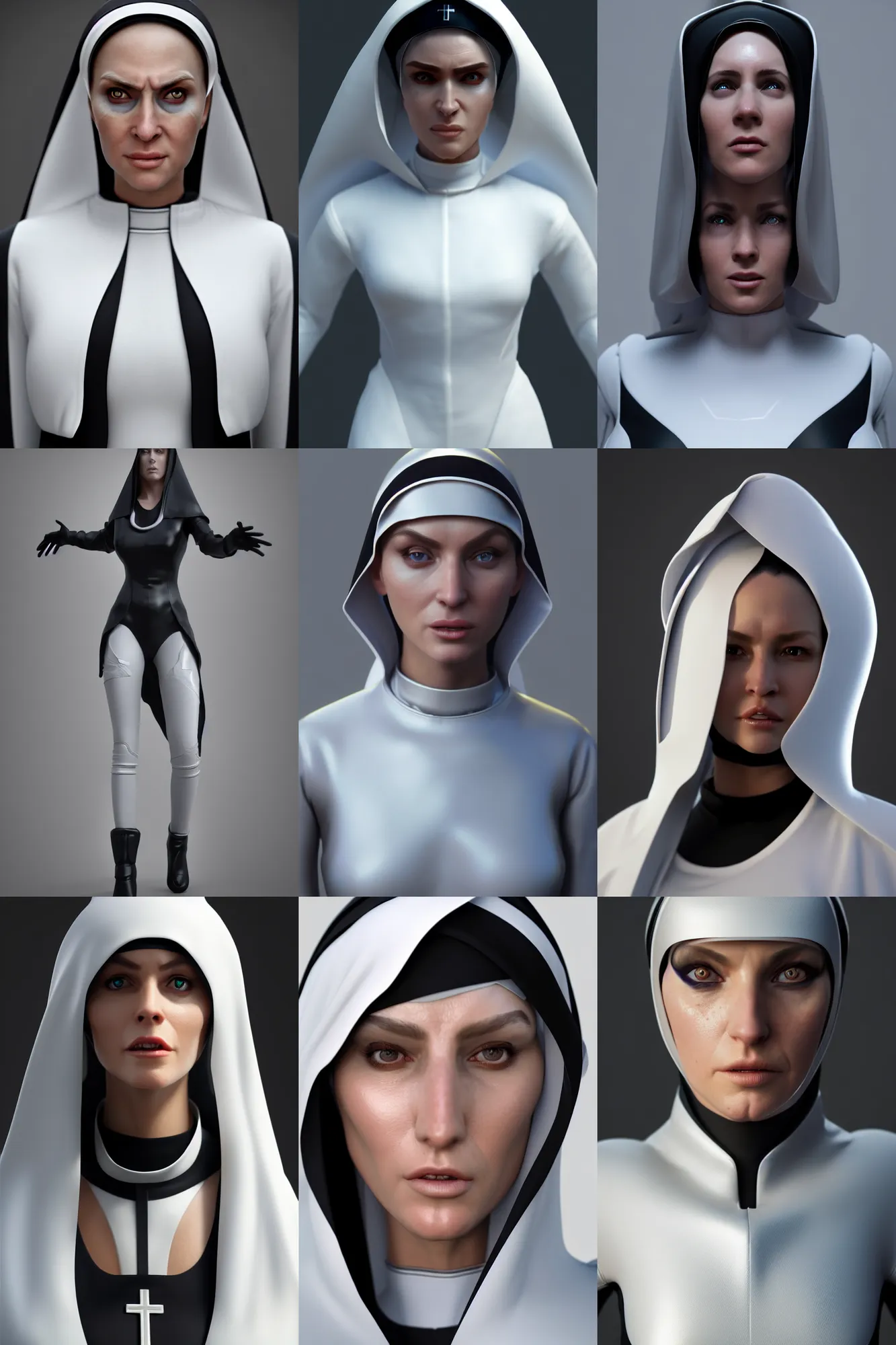 Prompt: hyper realistic portrait of a beautiful female character with futuristic nun suit, medium shot, art by frederic arsenault and guillaume mahieu and brad rigney. 3 d, trending on artstation, intrincate hiperdetailed, 8 k, vray, octane render, cinematic lighting
