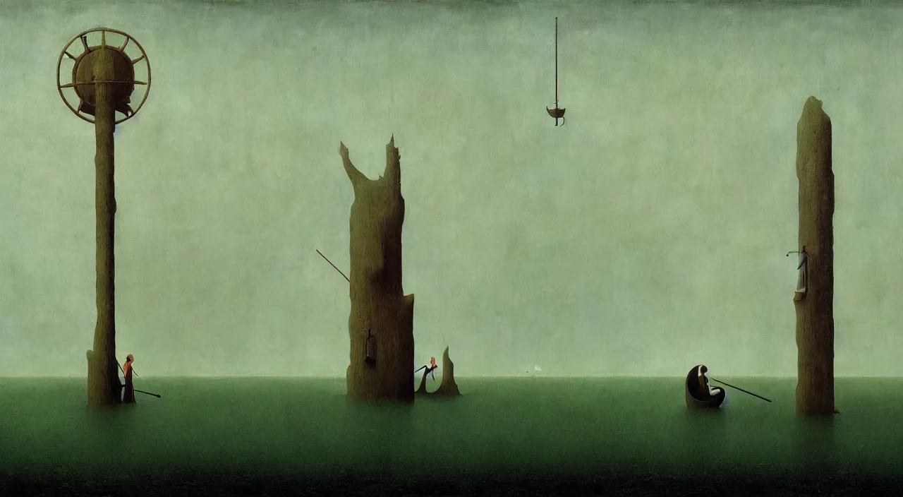 Image similar to single flooded simple!! wooden pole, very coherent and colorful high contrast masterpiece by franz sedlacek hieronymus bosch dean ellis simon stalenhag rene magritte gediminas pranckevicius, dark shadows, sunny day, hard lighting