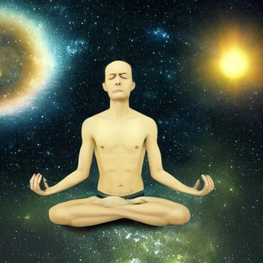 Prompt: a man in a deep meditative state become one with the universe