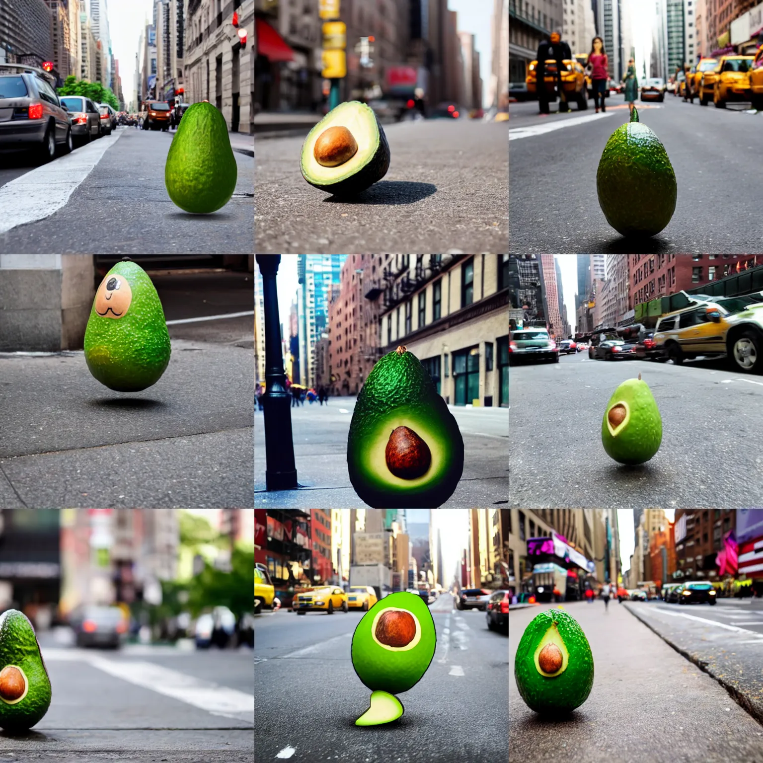 Prompt: an avocado walking down a street in new york