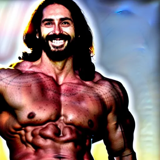 Image similar to jesus with enormous glistening muscles, body builder, smiling, gay