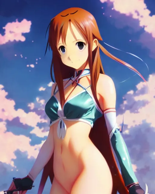 Prompt: very cute photo of asuna from sao, asuna by a - 1 pictures, by greg rutkowski, gil elvgren, enoch bolles, glossy skin, pearlescent, anime, maxim magazine, vert coherent