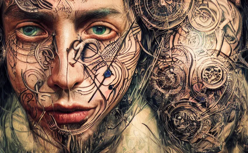 Prompt: hyperrealistic hyper detailed neo-surreal close-up 35mm portrait of levitating psychedelic shaman covered in geometric tattoos rococo matte painting concept art high saturation very dramatic lighting low angle hd 8k sharp shallow depth of field