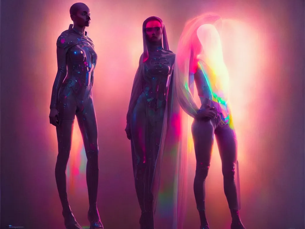 Prompt: patron saint of 🛸🌈👩🏾, futuristic clothing, neon god of city character portrait, professional group photo, in the style of moebius, tom bagshaw, and waterhouse, cinematic lighting, beautiful, elegant, oil painting,