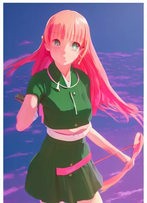 Image similar to a beautiful woman wearing pink school girls unform, bright colors, highly detailed, green ocean background, concept art, matte, trending on artstation, anime, art by wlop and artgerm and greg rutkowski, ilya kuvshinov, strong strokes, photo of asuna from sao