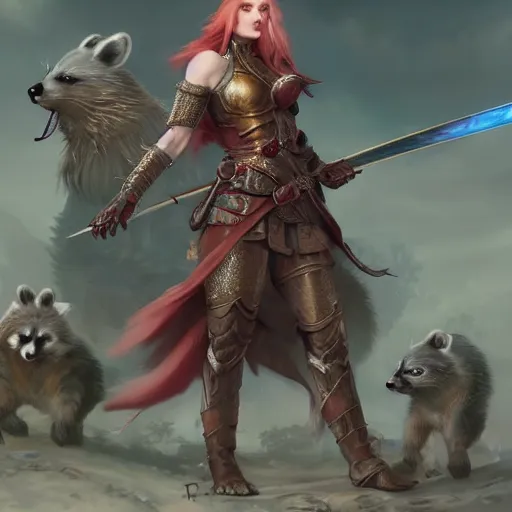 Prompt: a beautiful hyper realistic detailed epic concept art showing ( a noble knight women with red hair protected by ) the sacred raccoon, extremely detailed raccoon, by tom bagshaw, ross tran and bayard wu, in the style of dragon age, featured on artstation