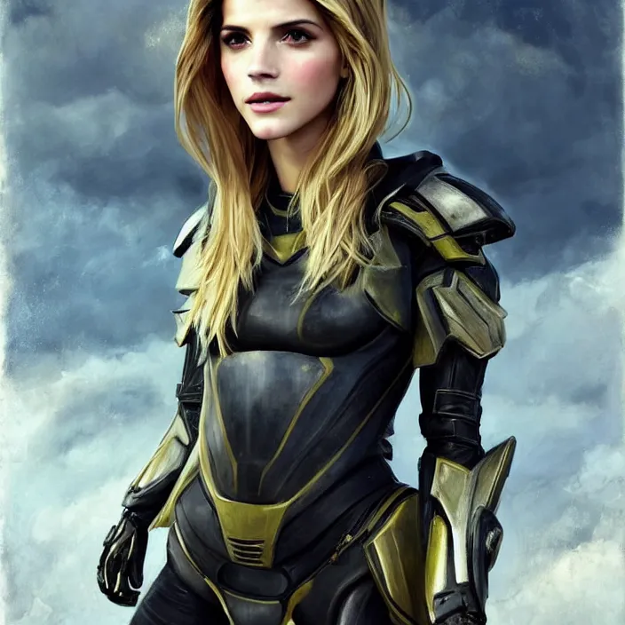 Image similar to portrait of a combination of Ashley Greene, Katheryn Winnick, Victoria Justice, Adriana Dxim, Grace Kelly and Emma Watson wearing Interceptor's armor from Anthem, countryside, calm, fantasy character portrait, dynamic pose, above view, sunny day, thunder clouds in the sky, artwork by Jeremy Lipkin and Giuseppe Dangelico Pino and Michael Garmash and Rob Rey and Greg Manchess and Huang Guangjian, very coherent asymmetrical artwork, sharp edges, perfect face, simple form, 100mm