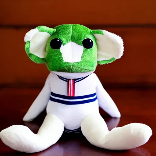 Image similar to stuffed animal frog wearing a sailor suit, cute, photography,