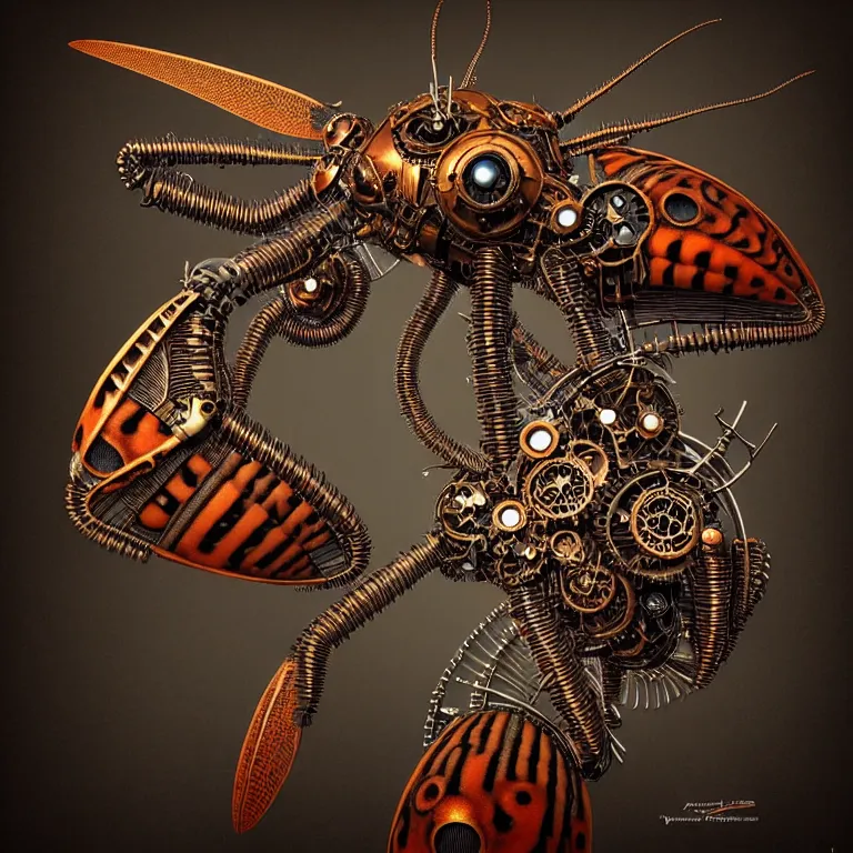 Image similar to steampunk cybernetic biomechanical cecropia moth with wings, 3 d model, very coherent symmetrical artwork, unreal engine realistic render, 8 k, micro detail, intricate, elegant, highly detailed, centered, digital painting, artstation, smooth, sharp focus, illustration, artgerm, tomasz alen kopera, wlop