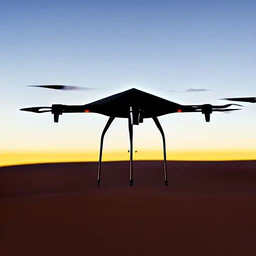 Prompt: sleek industrial drone for monitoring the australian desert, XF IQ4, 150MP, 50mm, F1.4, ISO 200, 1/160s, dawn, golden ratio, rule of thirds