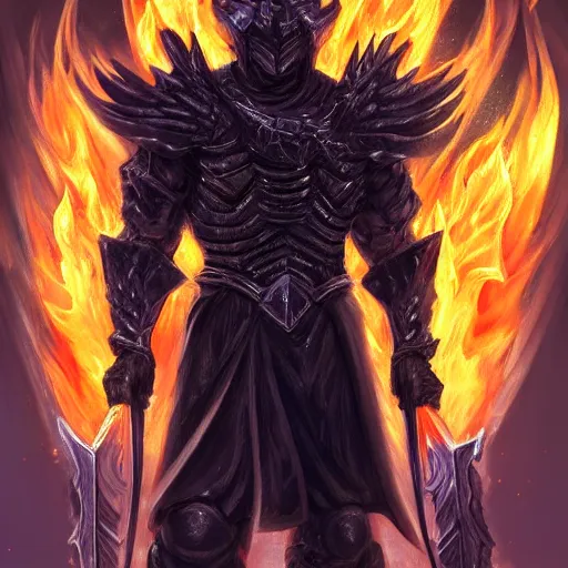 Image similar to a man in black-crystal armor surrounded by flames wielding a battle-axe made of black crystals. ,D&D, fantasy, elegant, hopeful, muscular, highly detailed, digital painting, artstation, concept art, smooth, sharp focus, illustration