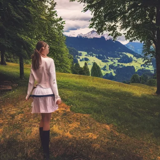 Image similar to a beautiful photograph of a girl with switzerland landscape in the background with trees, hdr, 8 k, high quality, sharp focus, artstation, highly detailed, award - winning, dramatic lighting, beautiful clouds, and nature