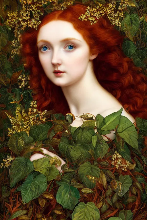 Prompt: masterpiece beautiful seductive flowing curves preraphaelite face portrait of lily cole amongst leaves, extreme close up shot, branching abstract decorate structural circle, halo, amongst foliage, gold gilded circle halo, kilian eng and frederic leighton and rosetti, 4 k