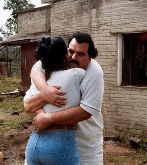 Image similar to Pablo Escobar hugging kim kardashian inside an abandoned house