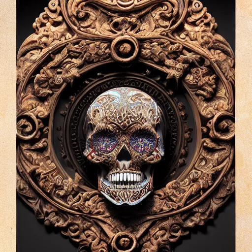 Image similar to a highly detailed photographic render of intricately carved sugar skull, intricate ornament, gilding, horror, dark fantasy, beautifully lit, ray traced, octane 3D render in the style of Gerald Brom and James Gurney