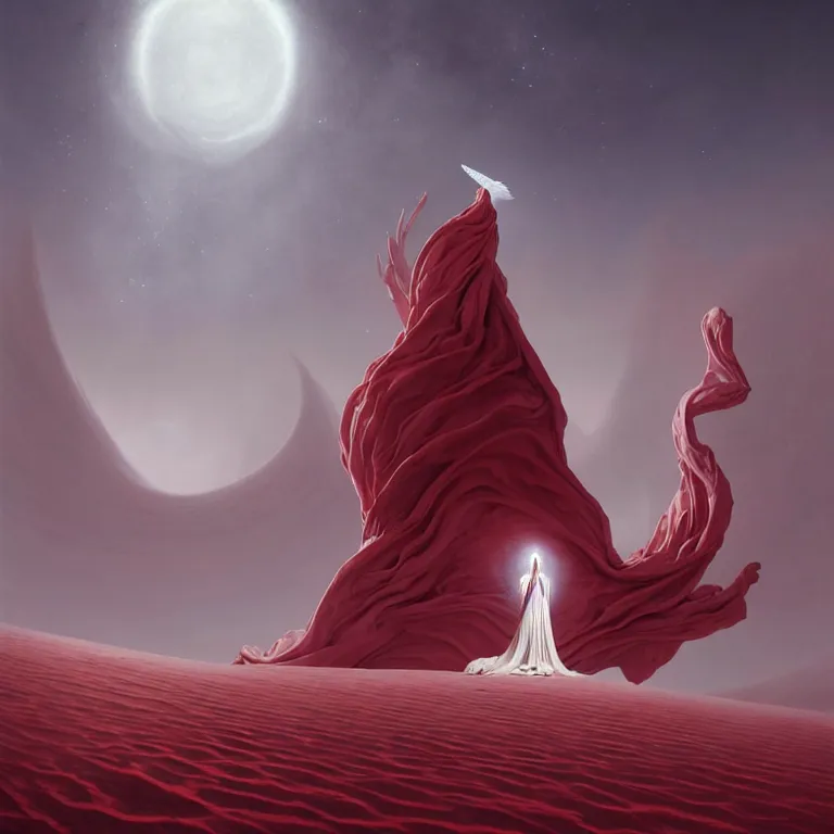 Image similar to one lone singular swirling otherworldly angel shrouded in red robes emerges from extensive barren white dunescape, matte painting by peter mohrbacher and filip hodas, background basilica sacrecoeur by hugh ferriss, godrays, high contrast, highly detailed, a