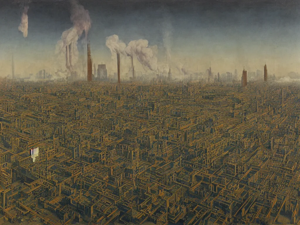 Prompt: albino mystic, looking brutalist metropolis, toxic, industrial with smoke in the distance. Painting by Jan van Eyck, Audubon, Rene Magritte, Agnes Pelton, Max Ernst, Walton Ford