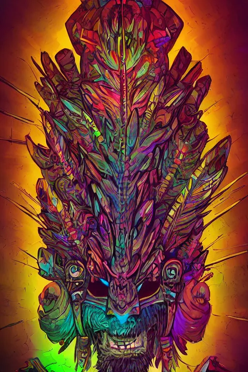 Image similar to totem animal tribal chaman vodoo mask feather gemstone plant wood rock video game illustration vivid color borderlands by josan gonzales and dan mumford radiating a glowing aura