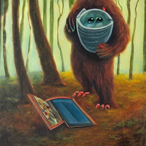 Image similar to monster reading a book in a forest, where the wild things are, bicycle nearby, oil on canvas, calm