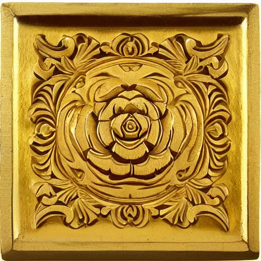 Prompt: ornate engraved carving of a rose on a square gold panel