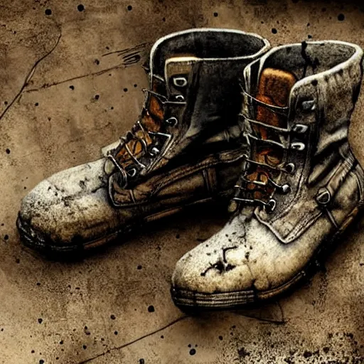 Image similar to post apocalyptic used boots, grunge, old and dirt, photorealistic, hyper detailed, 4 k