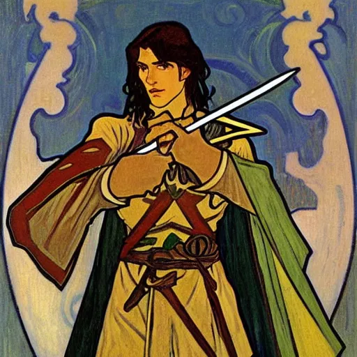 Prompt: painting of young handsome beautiful paladin elf!! man with long! dark hair, elf paladin fighting goblins with his sword, armor, modest, art by alphonse mucha, vincent van gogh, egon schiele,