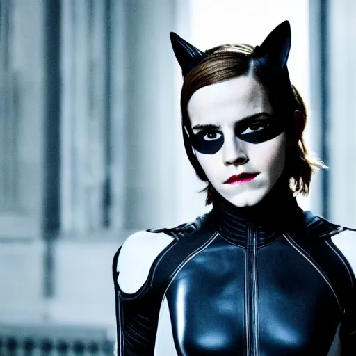 Image similar to Emma Watson as Catwoman, XF IQ4, f/1.4, ISO 200, 1/160s, UHD, Sense of Depth, AI enhanced, HDR, in-frame