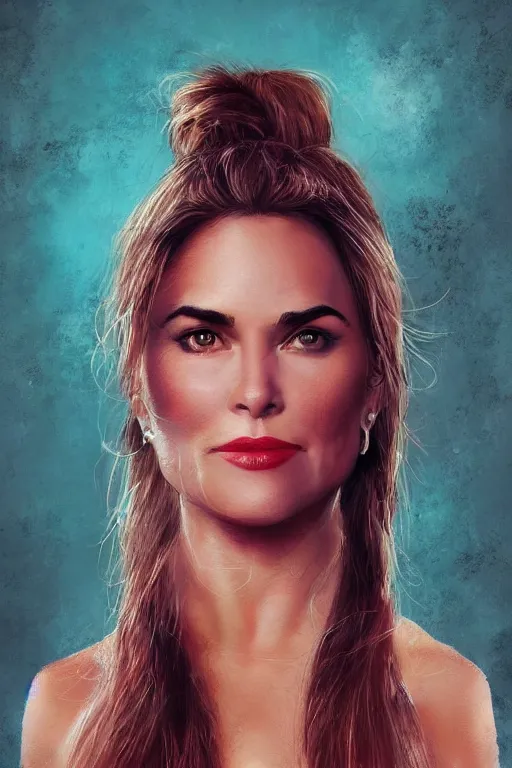 Image similar to portrait of a mix of beautiful young maria shriver, mariel hemmingway, brooke shields, nicole kidman and elle macpherson as an exercise gym girl, thin lips, hair tied up in a pony tail, colorful artstation, cgsociety