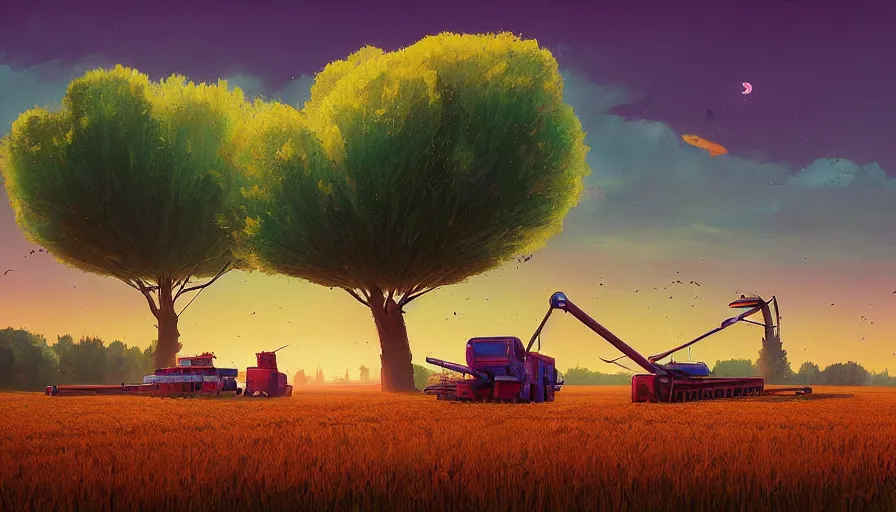 Prompt: colourful sky, wheat field, futuristic harvesters, big tree, matte painting, art station, digital art, simon stalenhag