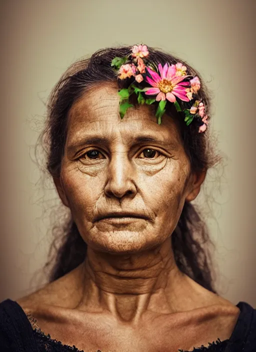 Prompt: portrait of a 5 0 0 year old woman, symmetrical face, flowers in her hair, she has the beautiful calm face of her mother, slightly smiling, ambient light