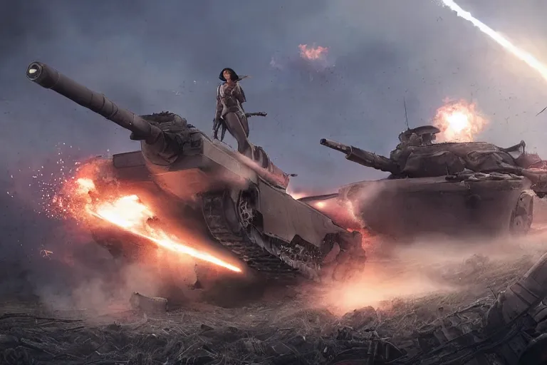 Prompt: an epic view of a cyborg woman versus a wwi tank, on a battlefield, smoke, fires, distant explosions, in the style of masamune shirow, cinematic, hyper - realistic, highly detailed digital art