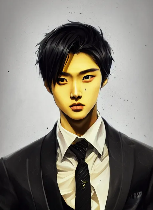 Prompt: a highly detailed illustration of kento yamazaki as pale skin hero wearing black suit and tie with coattails, yellow eyes, dramatic standing pose, intricate, elegant, highly detailed, centered, digital painting, artstation, concept art, smooth, sharp focus, league of legends concept art, wlop.