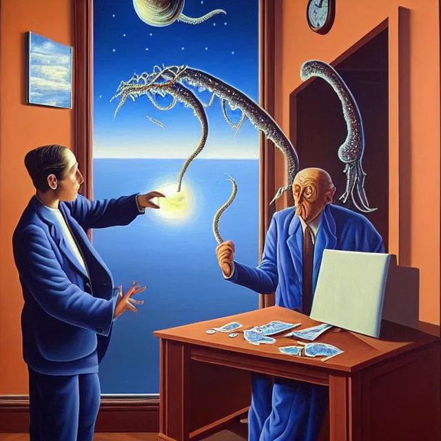 Prompt: an oil on canvas portrait of a man at an office making a deal with an angel, surrealism, surrealist, lovecraftian, cosmic horror, rob gonsalves, high detail