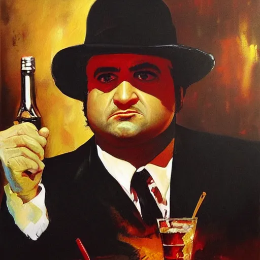 Prompt: a painting of john - belushi as the mob - boss in the godfather, by arthur suydam trending on artstation, oil painting rebrandt