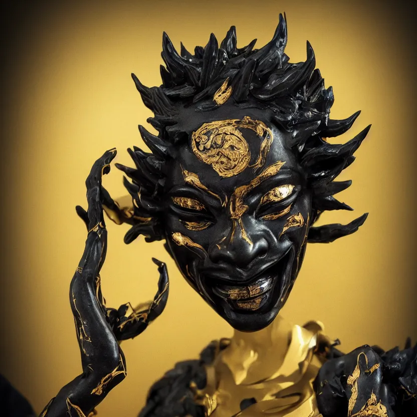 Prompt: a black hannya (般若) mask, kintsugi, dramatic angle, ornate, details, smooth, sharp focus, illustration, realistic, cinematic, artstation, award winning, rgb , unreal engine, octane render, cinematic light, macro, depth of field, blur, gold light, 8K,