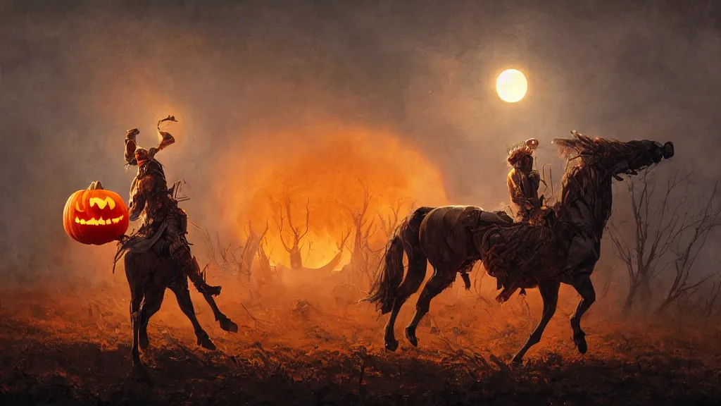 Image similar to a headless!!! colonial rider!!!! holding a jack - o - lantern on lone rampant!!! ( ( black horse ) ) with fiery eyes, background gnarled trees and large supermoon, in the styles of greg rutkowski, keith parkinson, and john quidor, intricate, detailed, volumetric lighting