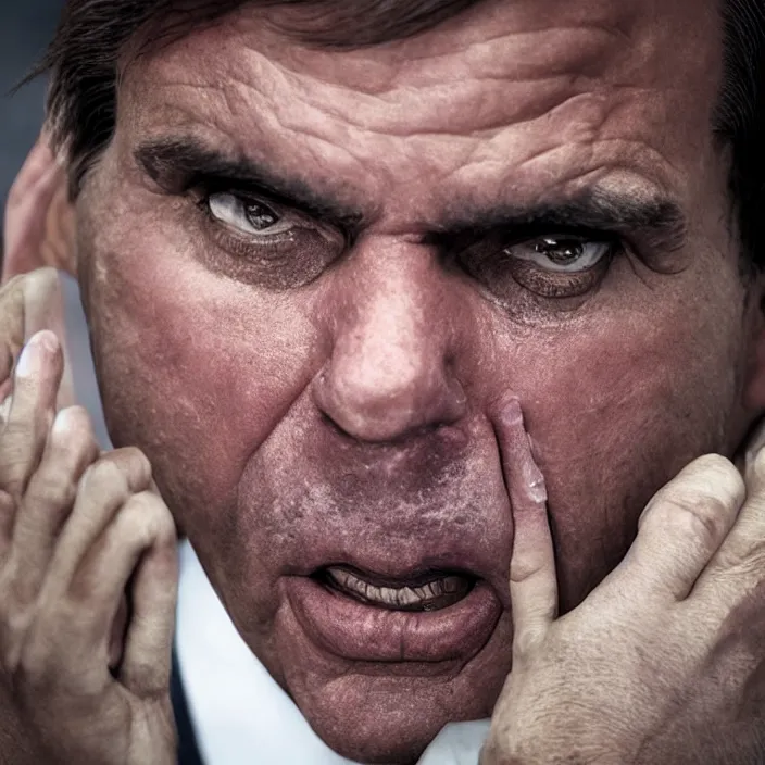 Image similar to photo of Jair Bolsonaro crying looking to workers party , hyper realism, high detail, octane render, 8k, chrome accents