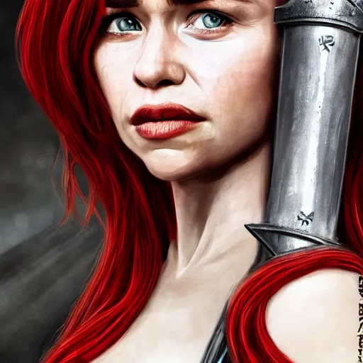 Image similar to emilia clarke, as a medieval fantasy character, with dark reddish hair, wearing light, silver armor and red clothing, tan complexion, holding a longsword, slightly smiling, noble, cinematic, gloomy, realistic, digital art, character art, 8 k