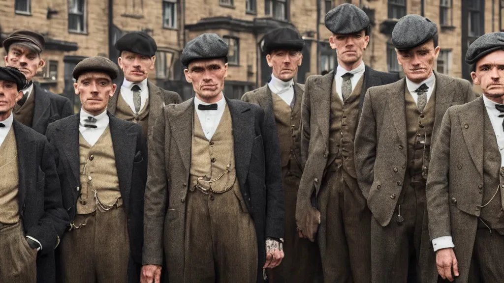 Image similar to a group of human shrimps dressed like the peaky blinders