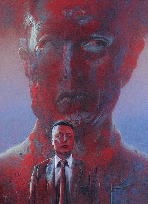 Image similar to A painting of Elon Musk in style of Beksinski. Very detailed