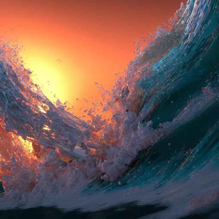 Prompt: a cinematic shot of an epic wave at sunset, octane render, volumetric lighting, nvidia raytracing demo, by Andy Thomas, Mario Martinez, Daniel Mirante, Gustave Dore, Artstation, CGsociety, masterpiece