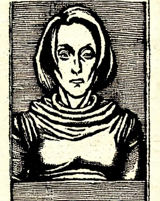 Prompt: woodcut illustration of dana scully from the nuremberg chronicle, 1 4 9 3, sharp scan, restored