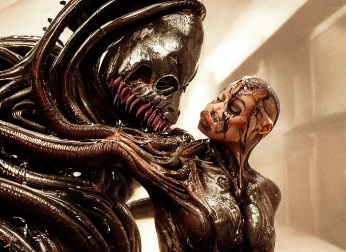 Image similar to film still of kim kardashian being licked by an xenomorph slathered in a transparent alien liquid, wet flowing hair, gooey skin, illustration, unreal engine 5, 8 k, directed by h. r. giger.