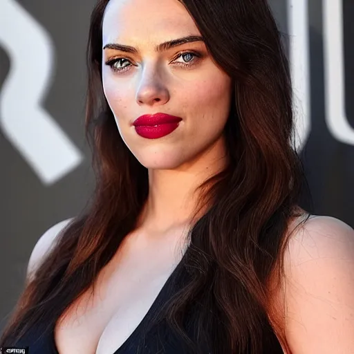 Image similar to a woman who is a genetic combination of kim kardashian and kat dennings and scarlett johansson and margot robbie and emma watson, face and upper - body focus, detailed eyes